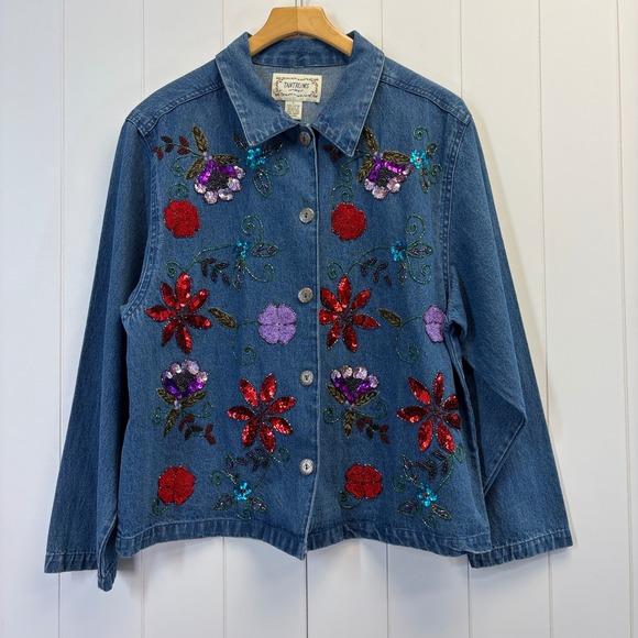 Tantrums Jackets & Blazers - Vintage Tantrums Whimsical Floral Beaded Denim Jacket Womens Large Grannycore